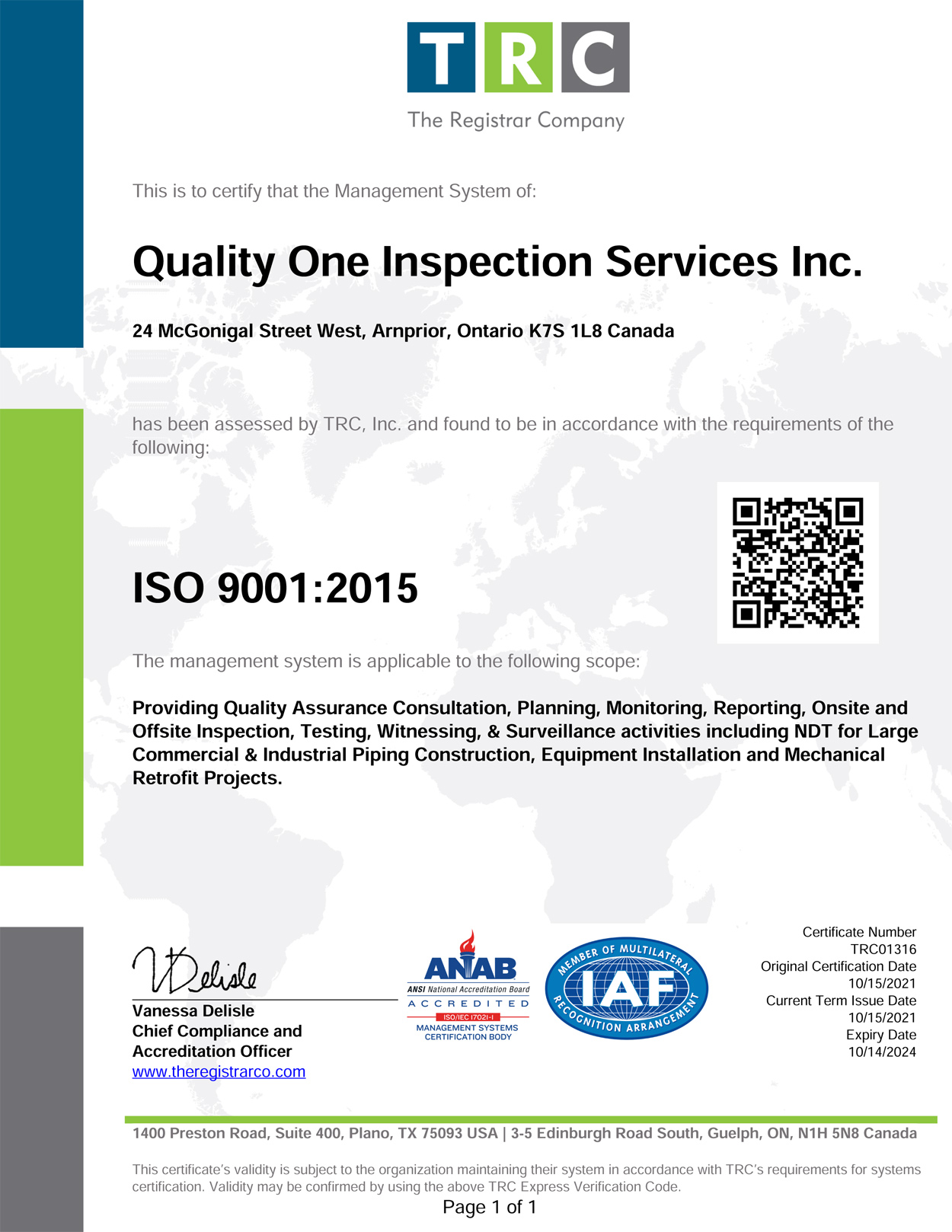 TRC ISO 9001:2015 certificate